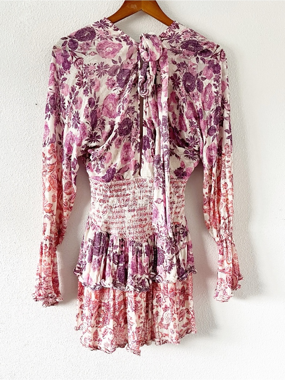 Hemant & Nandita Pastel Pink Ruffle Plunging Tie Back Romantic Boho Mini Dress - Picture 8 of 10